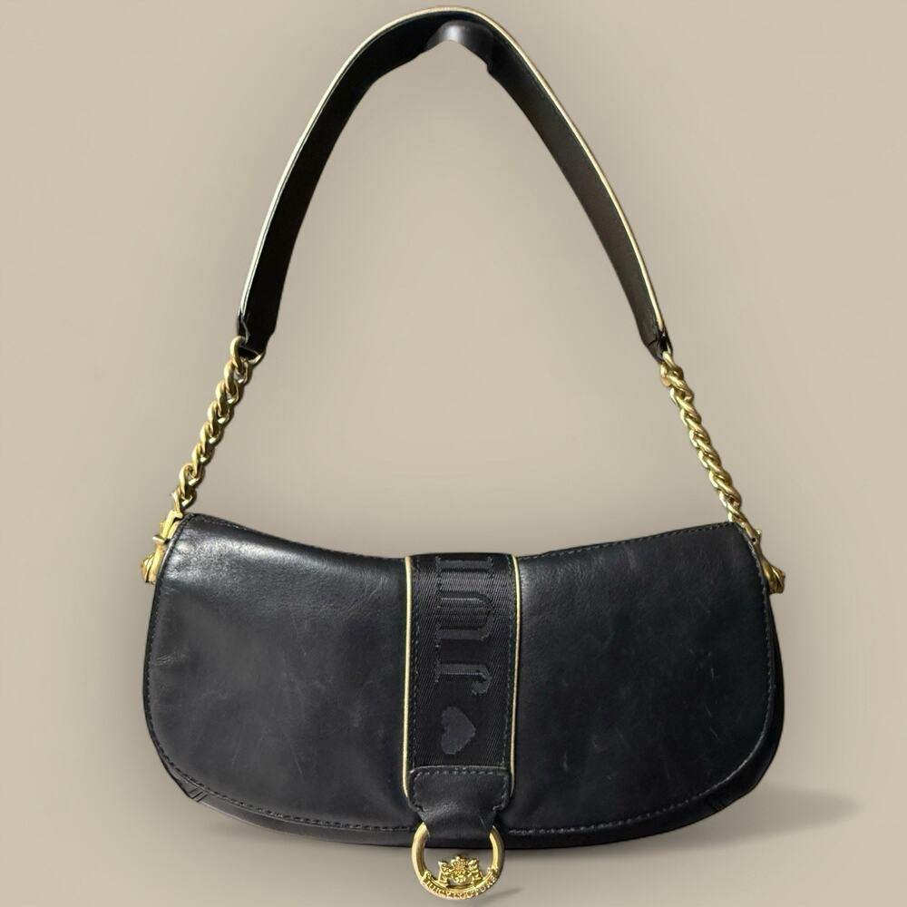 Vtg Y2K JUICY COUTURE BLACK LEATHER SHOULDER BAG Mini Gold Chain Purse 2000s